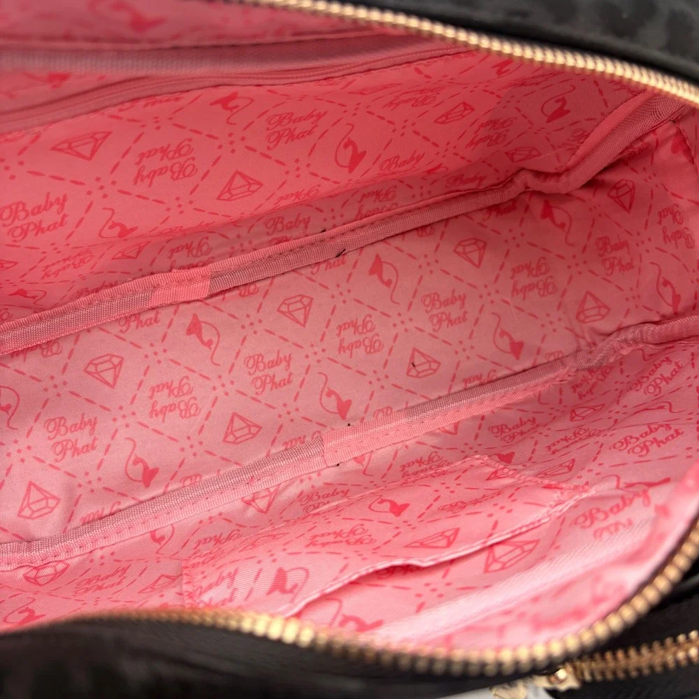 Baby Phat Black Leopard Print Velvet Handbag with Cat Applique Coin Purse Y2k